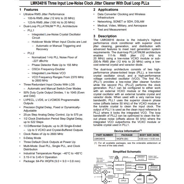 LMK04816BISQX/NOPB Integrated Circuit Chip With 2.6GHz 1 64-WFQFN Exposed Pad