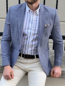 China Slim Fit Self Patterned Blue Business Casual Blazer Outfit on sale