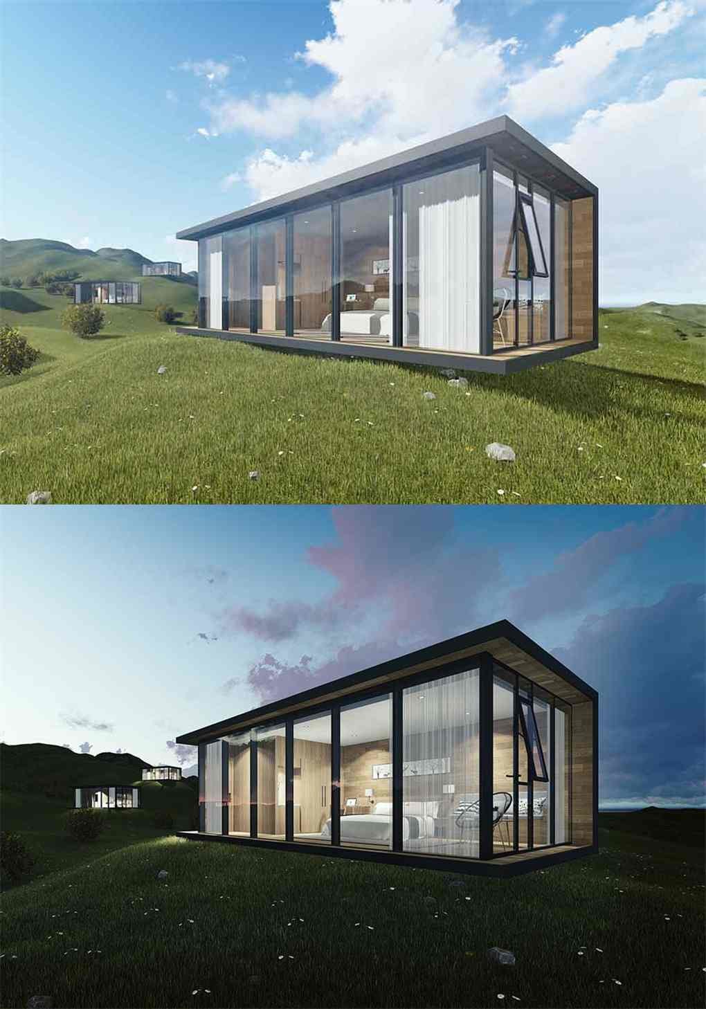 Insulated Prefabricated Glass Sea View Room With One Bedroom Wooden Interior House