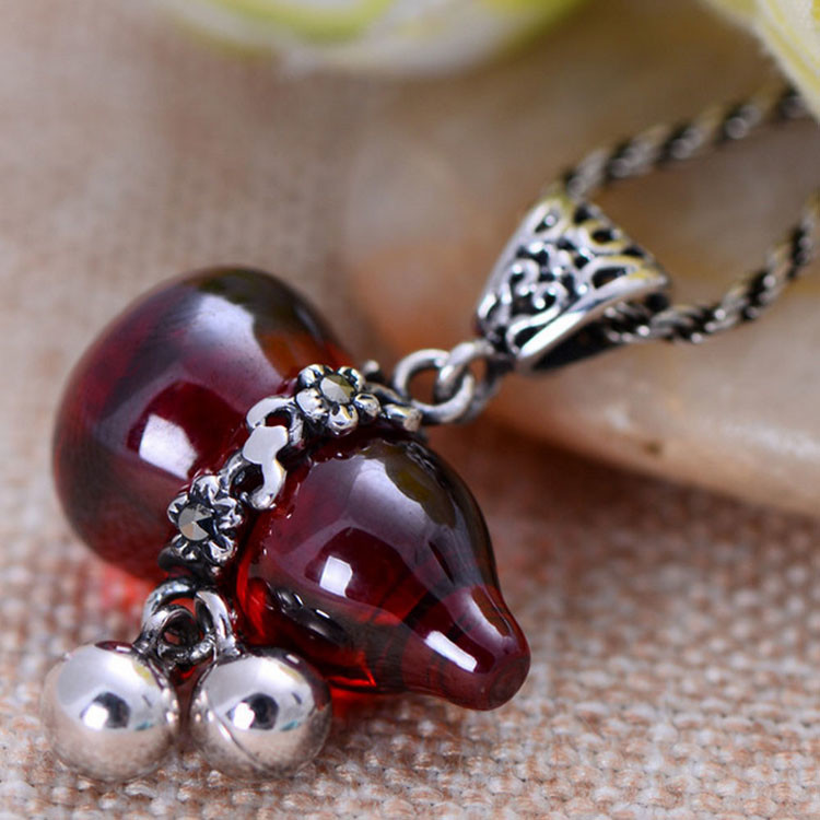 Thai Sterling Silver Pendant Necklace with Gourds Shape Red Cubic Zircon Charm(XH0384)