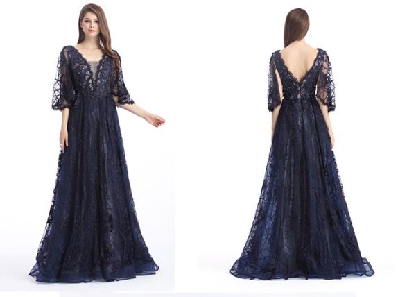 Ladies Half Sleeves Navy Blue Prom Dresses , Long Formal Dresses With Hot