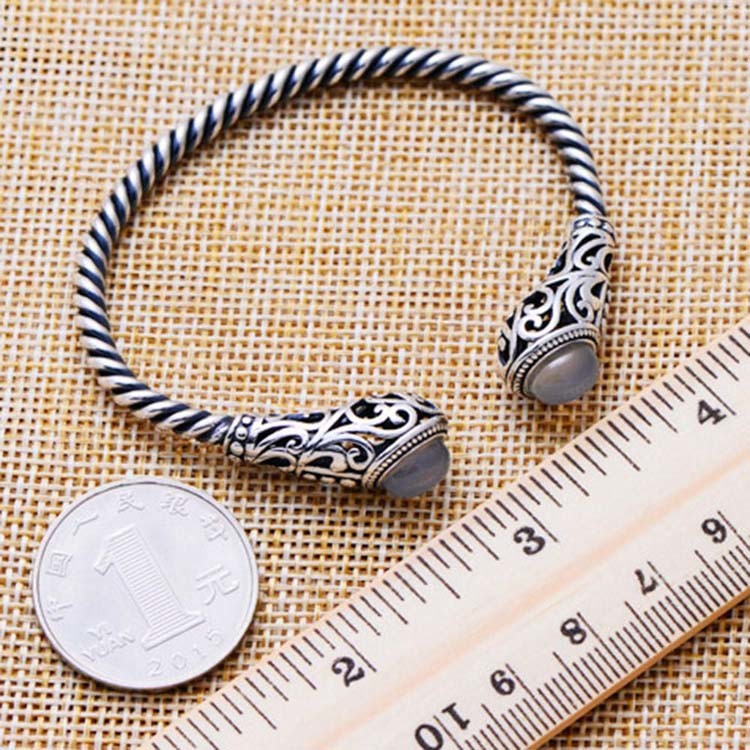Sterling Silver Cable Bracelet with Chalcedony Open Adjustable Cuff Bracelet (XH049954WWHITE)