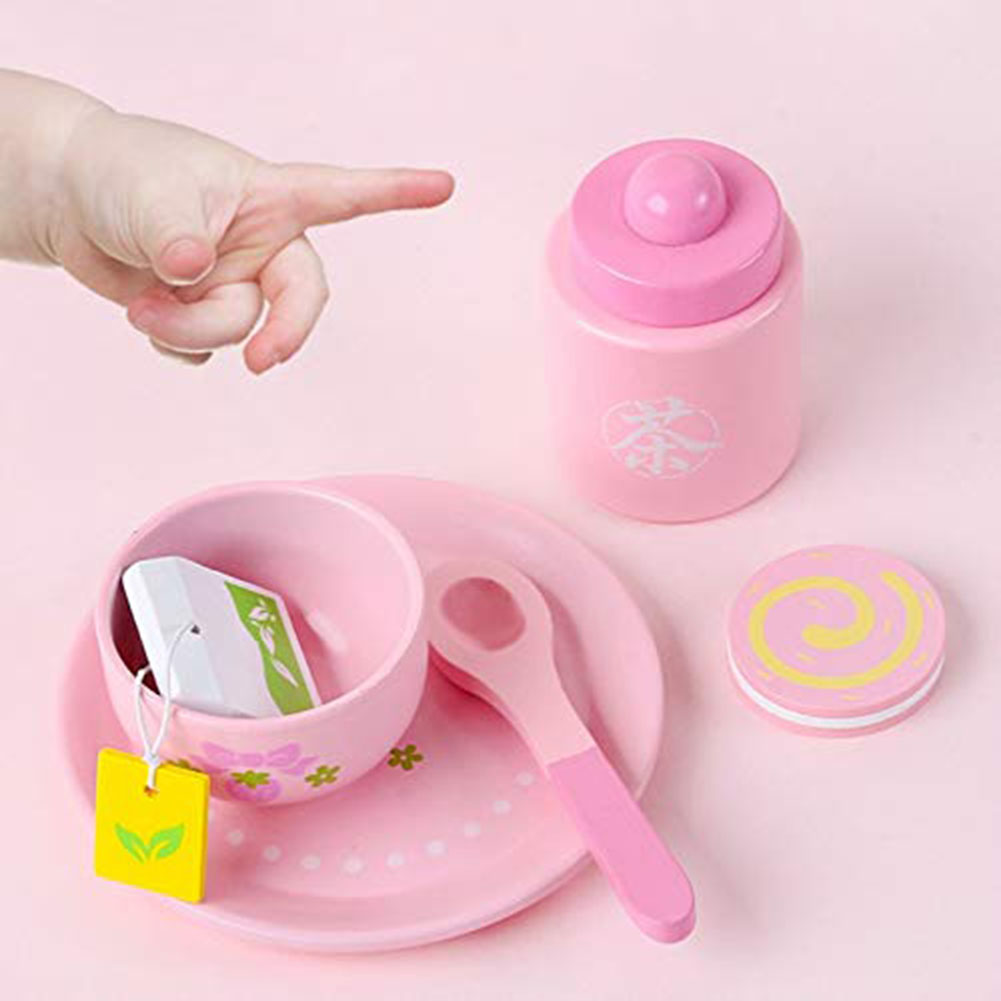 ABS Wooden Tea Party Set with Cupcake Stand Play Food Kitchen Accessories for Toddlers