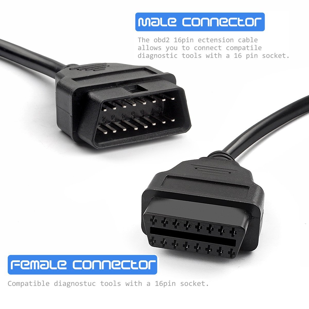 16Pin Male To Female Extension Cable For Car Automotive OBD 2 Diagnostic Tool Adapter