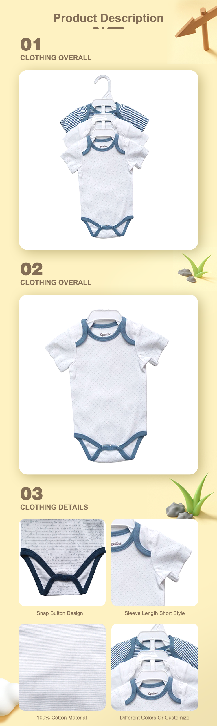Short Sleeve Snap Button Design Summer Baby Clothes Romper 100% Cotton Customized Color