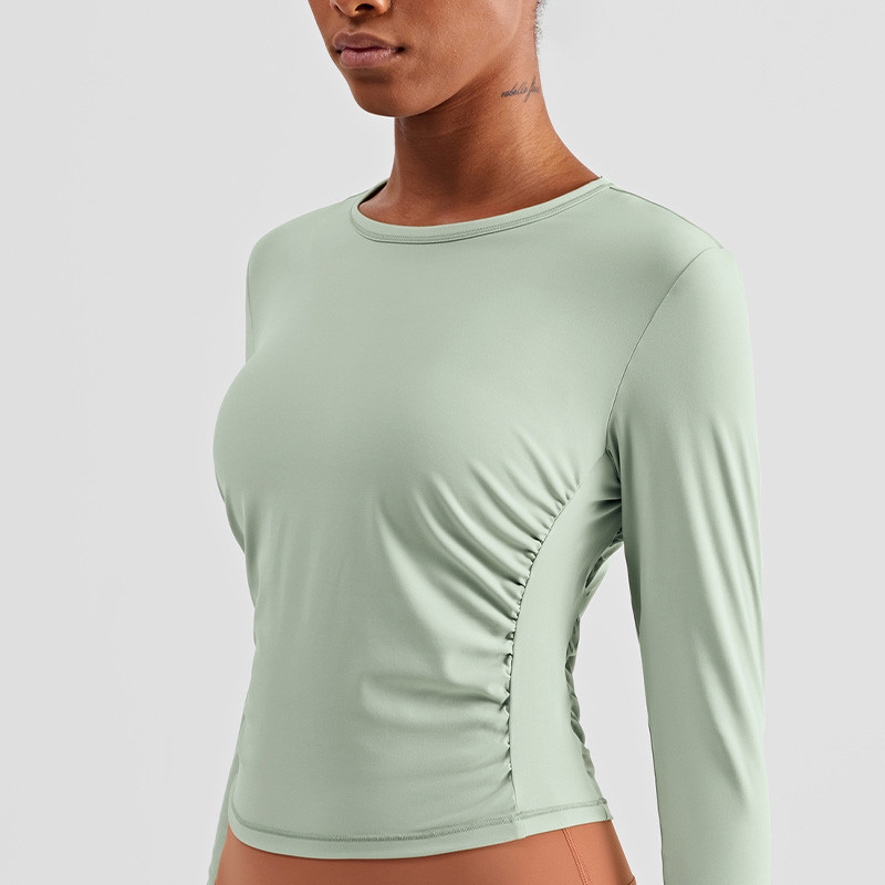Pleated Ladies Long Sleeve Yoga Tops Quick Dry Four Way Stretch Yoga T Shirts