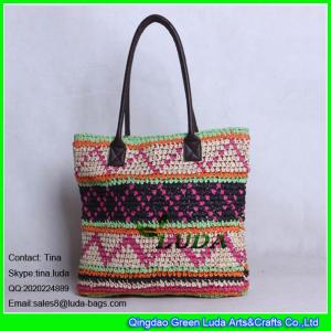 Wholesale LUDA spainish straw handbag fashion crocheted pattern paper straw bag leather handles from china suppliers