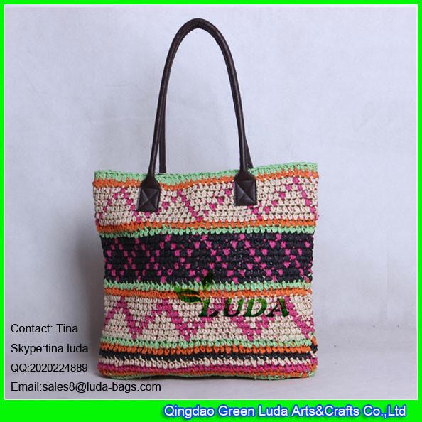 LUDA spainish straw handbag fashion crocheted pattern paper straw bag leather