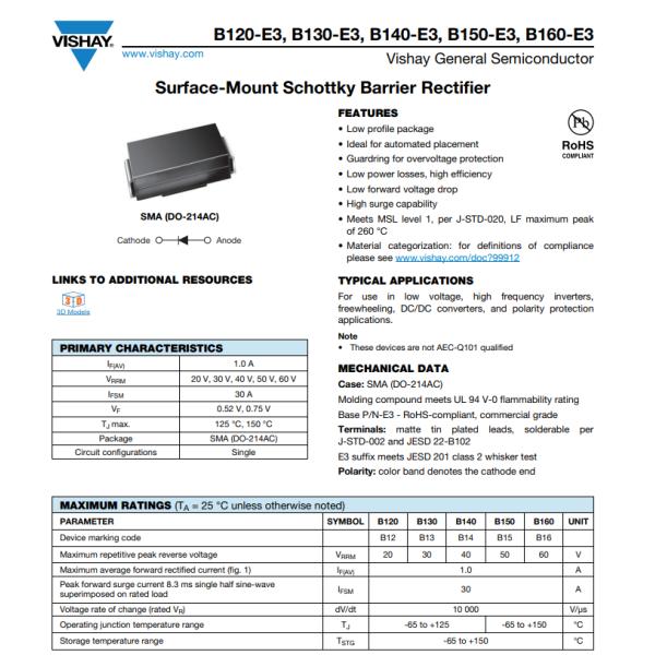 B160-E3/5A Diode 60 V 1A Surface Mount DO-214AC (SMA)