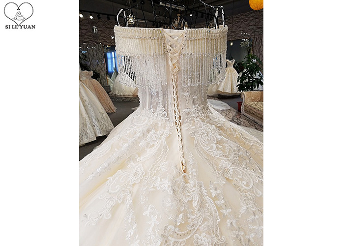Champagne Off Shoulder Wedding Gown , Big Ball Gown Dresses Beaded Tassels