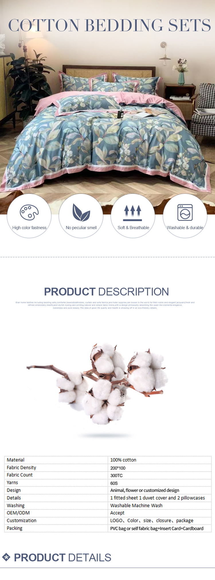 100% Cotton Air-permeable Plant Pattern Juego De Sabanas De Algodon Customized Comforter