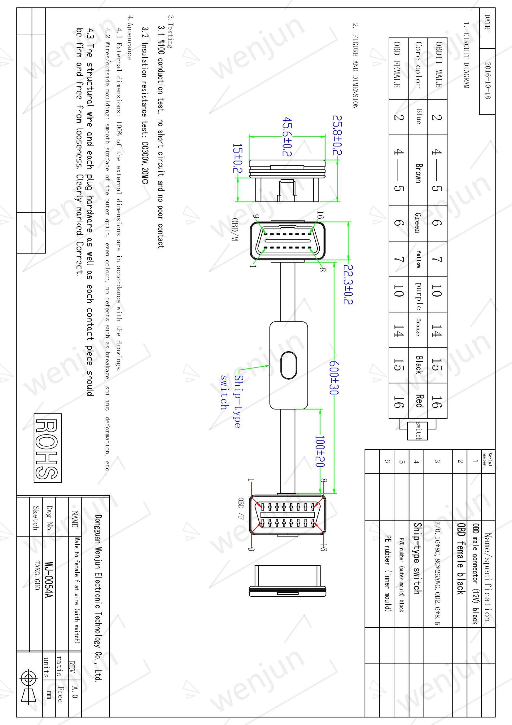 Flat OBD OBD2 Extension Cable With Switch 16 Pin Male To Female