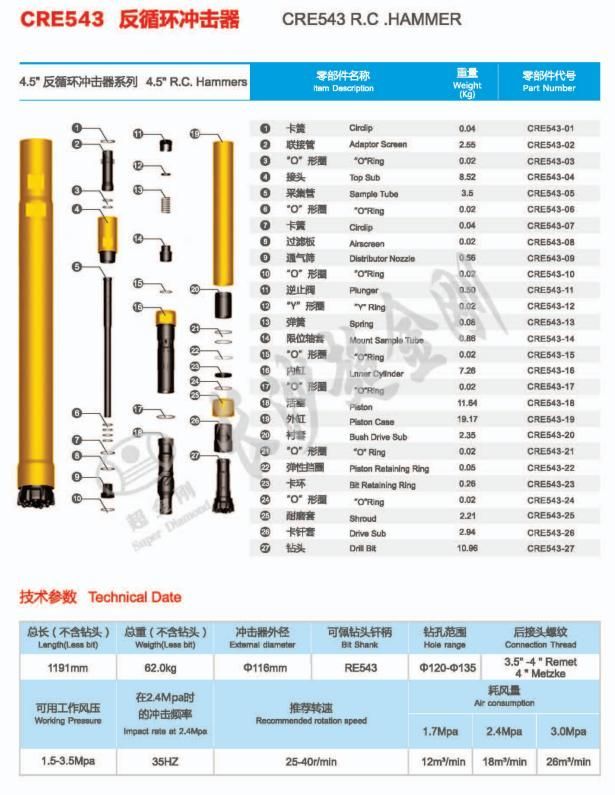 Reverse Circulation DTH Hammer RC DTH Hammers Re543 Hammer