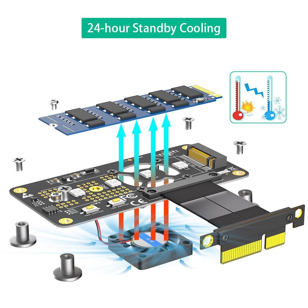 PCI Express PCI-E 3.0 4X to NGFF M.2 2280 M2 NVME SSD Converter Adapter Card Cooling Fan + High Speed Extension Cable 100MM
