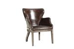 Vintage Cigar High Back Leather Armchair Solid Wood Linen Back Exposed Frame