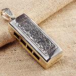 Retro Mens Sterling Silver Necklace with Mouth Organ Pendant and Wheat Chain