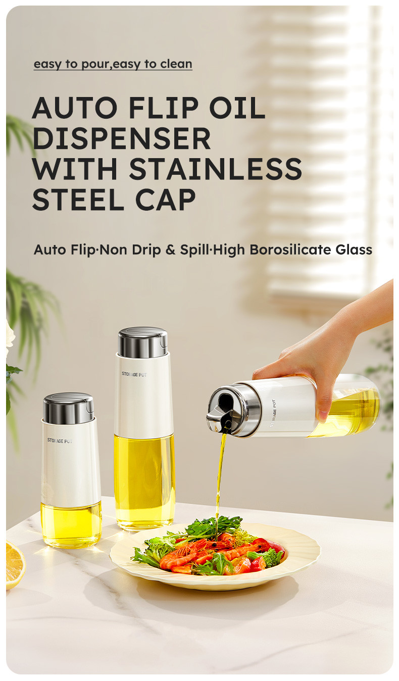 280ml 500ml Kitchen Glass Auto Flip Oil Dispenser Cooking Leakproof No Drip Stainless Steel Cap Oil Container Soy Sauce Bottle