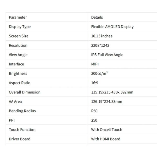 10.13 Inch 2K Flexible AMOLED Display 2208x1242 MIPI Oncell Touch For Tablets
