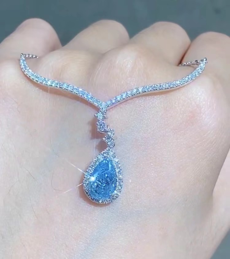 Blue Pear Lab Created Diamond Necklace 1.5 Carat