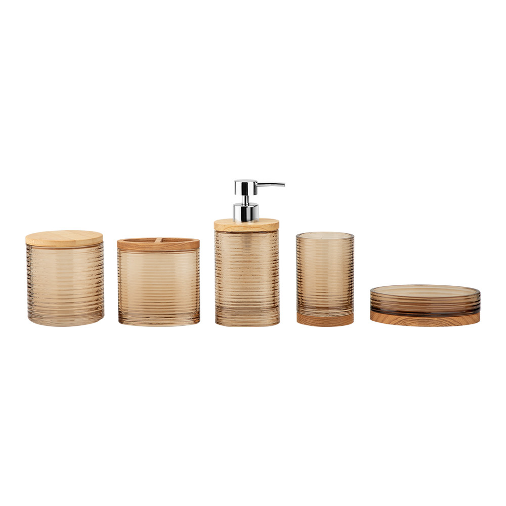 5pcs Modern Bathroom Accessories Set Oval Circle With Natural Wood Top Glass Toothbrush Holder