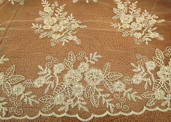 Gold Mesh Tulle Corded Lace Fabric with Floral Embroidery for Bridal Wedding