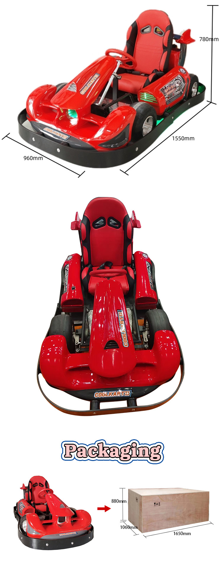 1 Seat Kiddie Rides Machine 3-10 Years Old Super Cool 24V 40A Electric Fiberglass Steel Go Kart