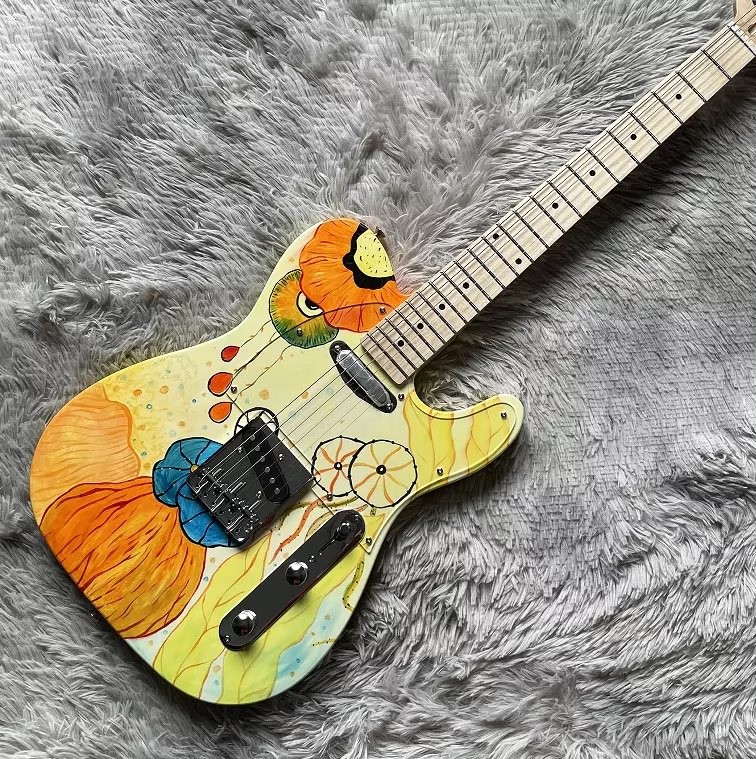 Custom Fender Style TLEE Electric Guitar Yellow Color Lotus Maple Fretboard Fixed Bridge