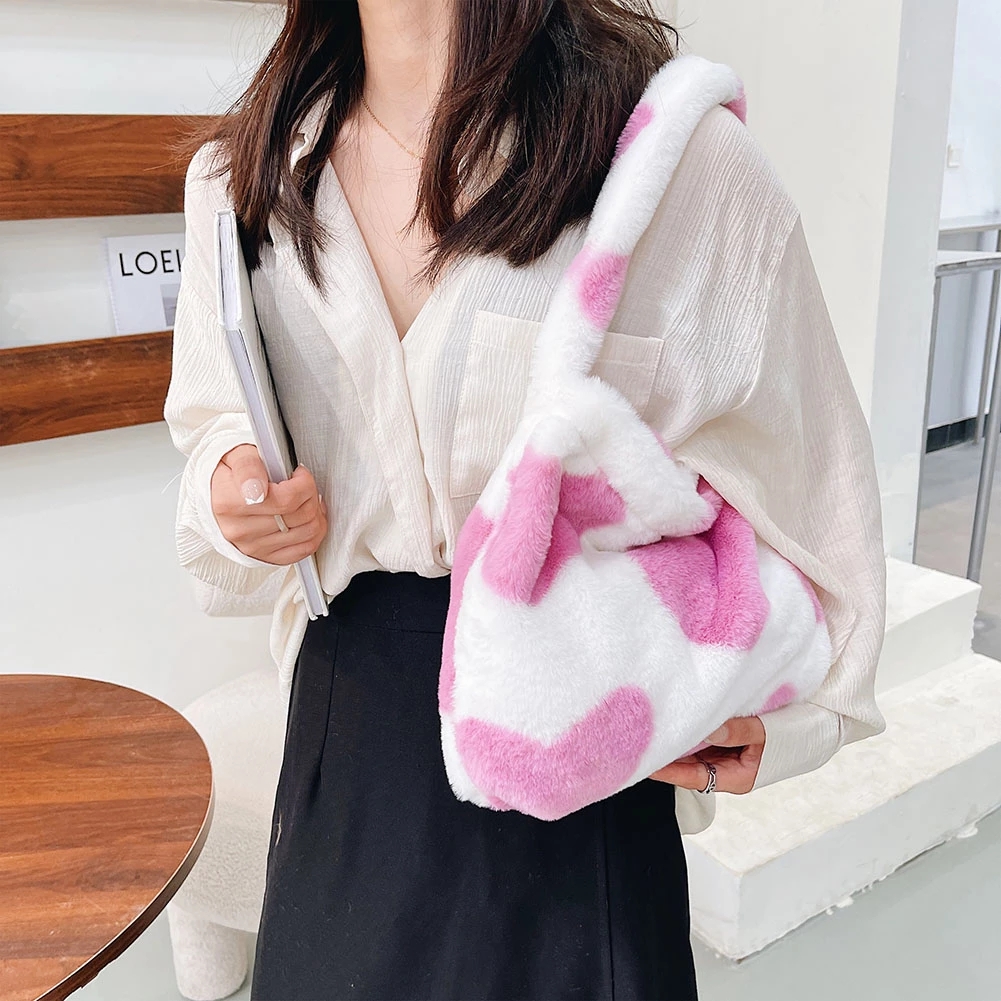 2022 Wholesale Leopard Print Bags For Women Soft Plush Shoulder Bags Female Large Capacity Travel Bag Winter Warm Fluffy Totes