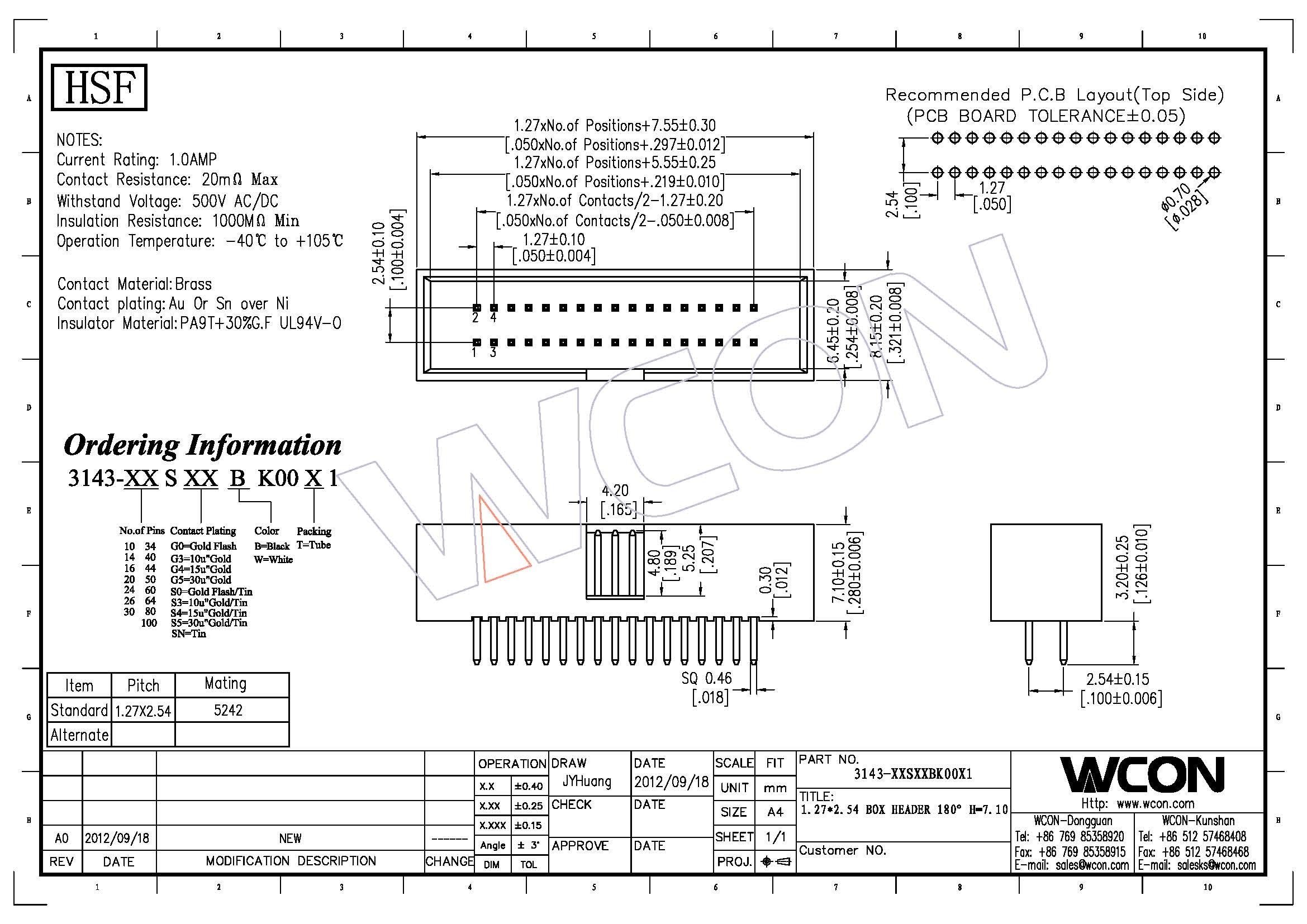 WCON 1.27mm Pitch Straight 10~100P DIP Box Header board to wire connectors Contact Resistance 20mΩ Max