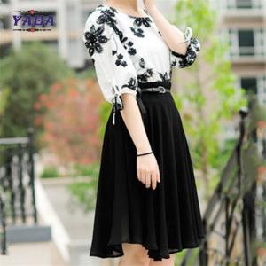 Wholesale Fashion set contrast floral embroidery blouse skirt old ladies clothing 2018 fashion women long chiffon dress sale from china suppliers