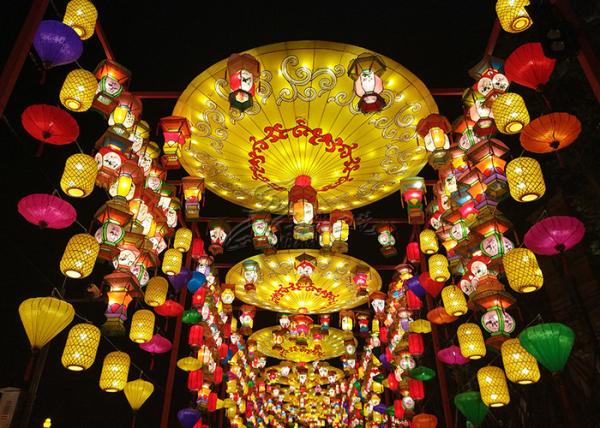 Different Colorful Insect Fabric Chinese Lanterns Show Small Shopping Malls And