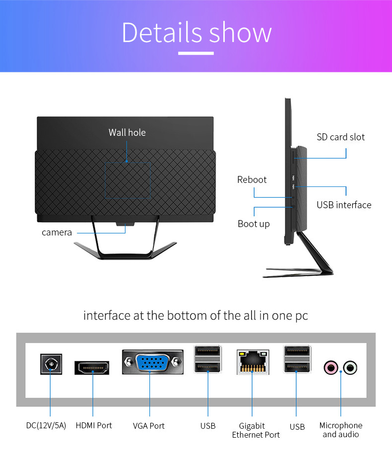 all in one pc 23.8inch Computer 23.8' CPU i3-3120 RAM 8GB SDD 480GB AIO PC with camera can add touch screen