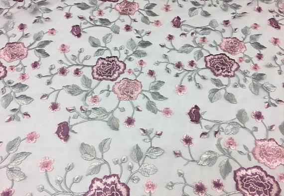 Floral Embroidered Mesh Lace Fabric , Embroidered Tulle Lace Fabric For Wedding