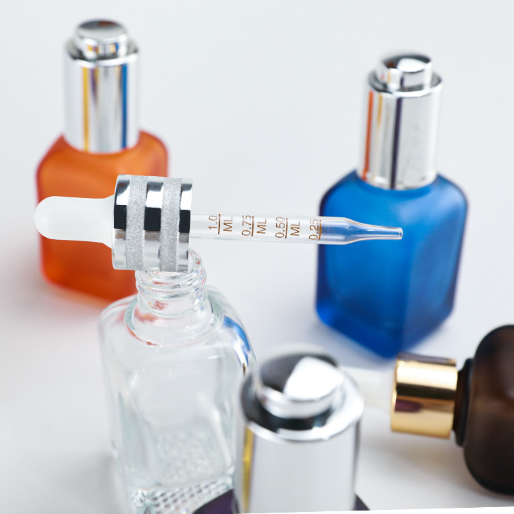 Square Frosted Glass Dropper Bottle 50ml Serum Eye Essential Oil Push Button