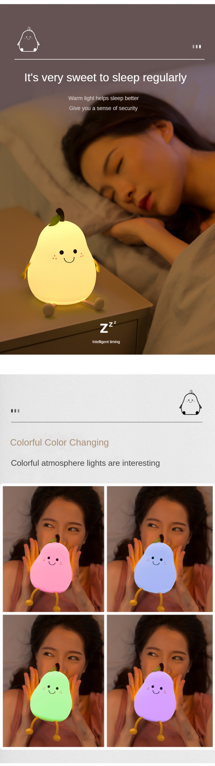 LED Pear Fruit Silicone Night Light 7 Colors Dimming Touch USB Rechargeable Cartoon Bedside Lamp Bedroom Decor Cute Kid Gift