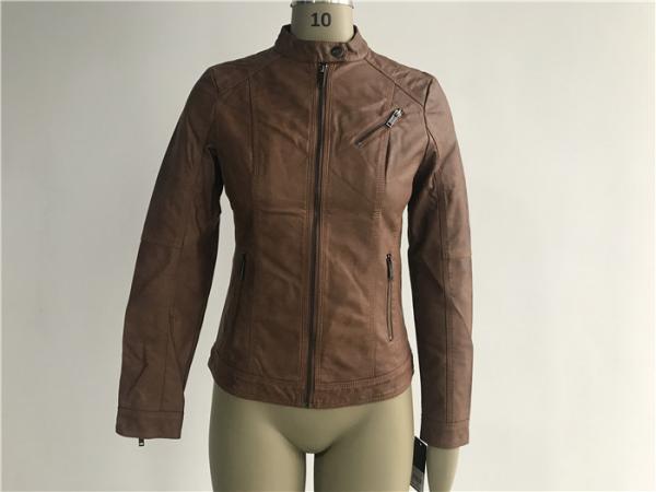 Mandarin Collar Ladies PU Jacket , Womens Faux Leather Jackets Zip Through