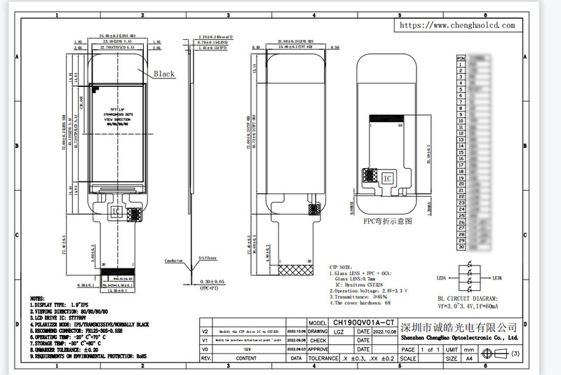 1.9 Inch TFT LCD Capacitive Touchscreen 170*320 Resolution 30 Pin