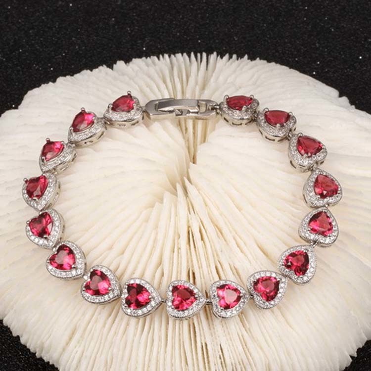 Fashion Platinum Plated Links Chain Heart Shape Red Cubic Zirconia Tennis Bracelet (JDS949RED)