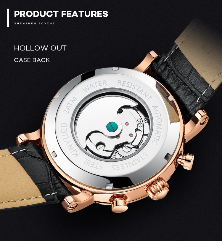 KINYUED Skeleton Leather Band Mechanical Men Watch tourbillon watch automatic