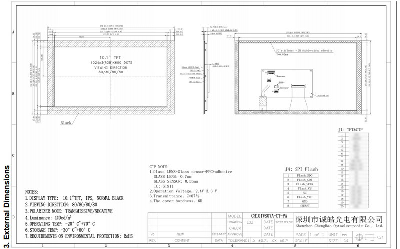 SPI TFT LCD Capacitive Touchscreen 10.1in 1024x600 Resolution