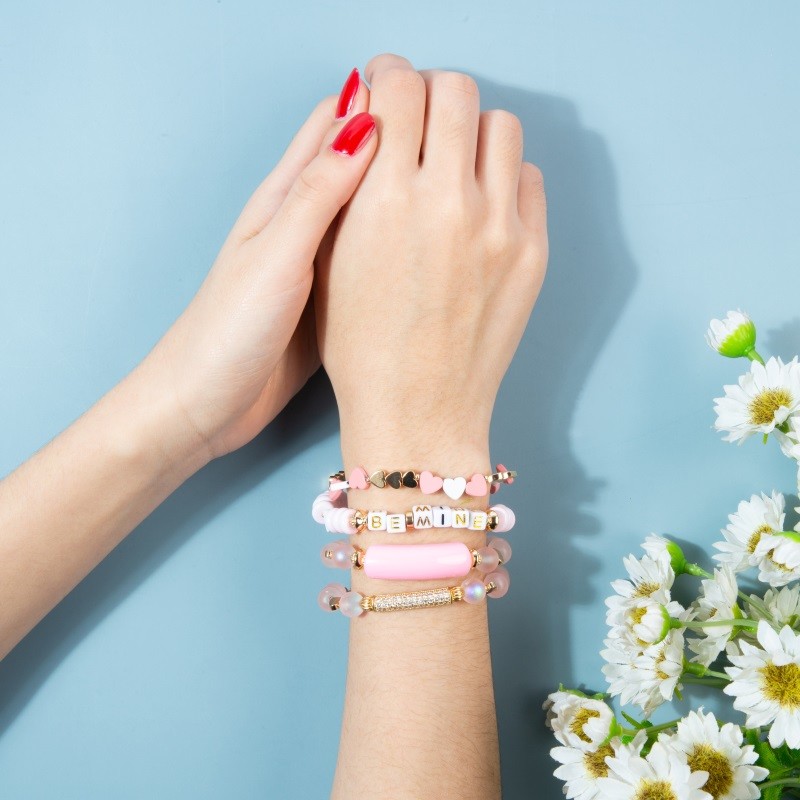 Pink Valentine'S Day Gold Pave Bar Bracelet Customize Name For Girlfriend