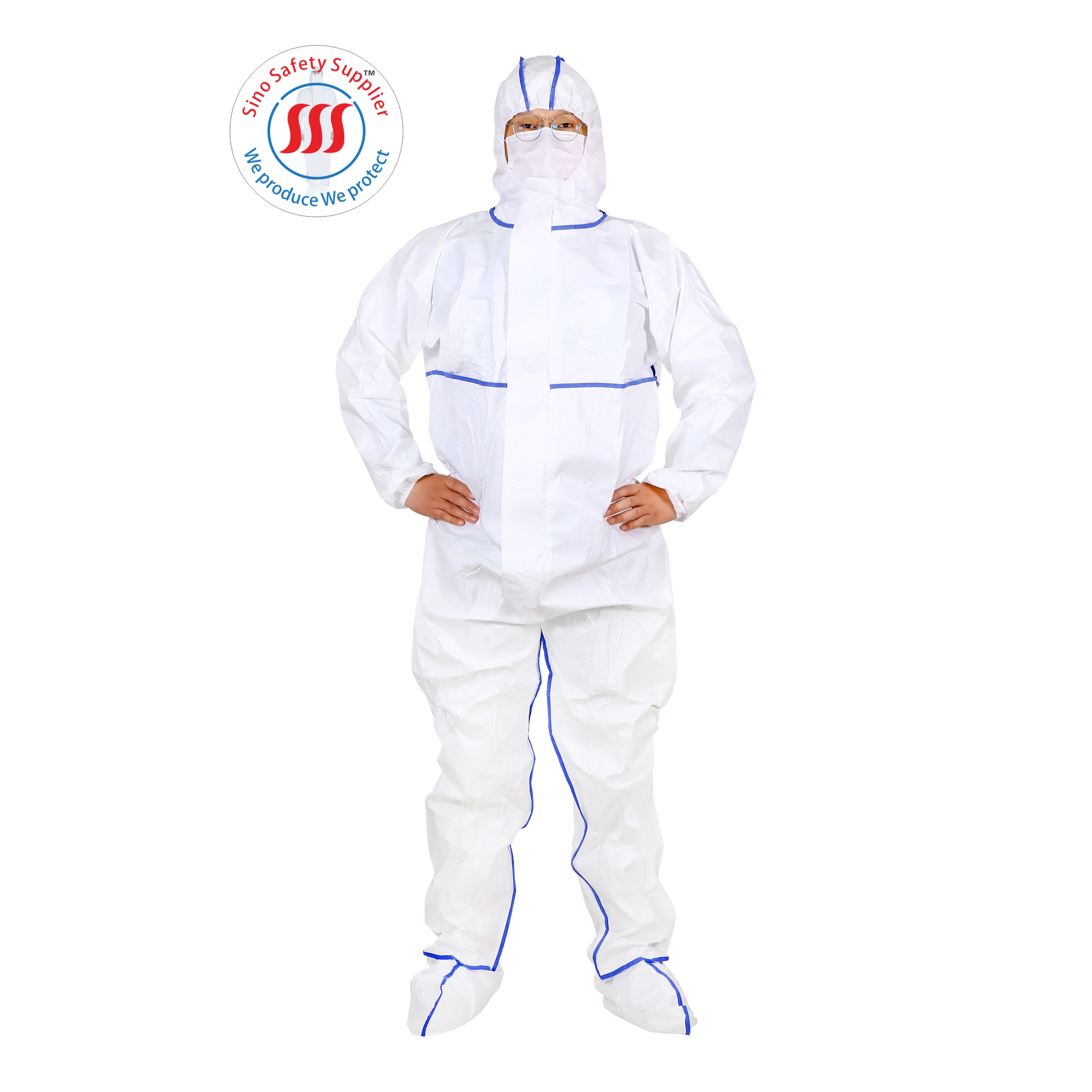 Sf Microporous Film Sms White Protective Coverall Bound Seams Taped Disposable