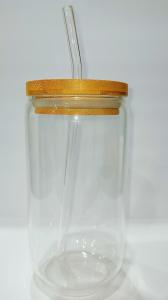 China Water Transparent Glass Bottle With Straw Bamboo Lid on sale