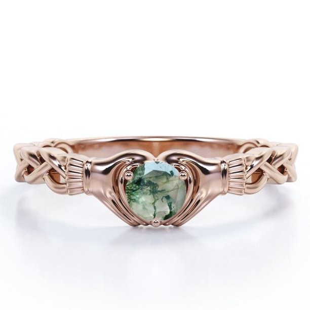 Round Brilliant Cut Clear Druzy Moss Green Agate - Braided Engagement Ring