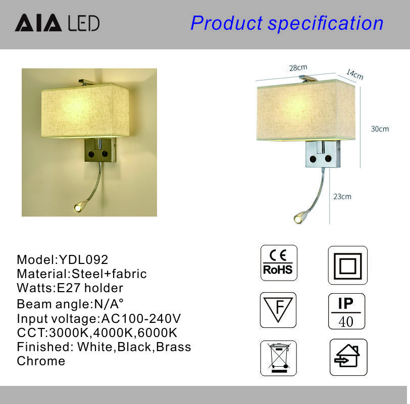 E27 holder wall lamp Chinese style with switch bedside wall lamp square reading wall light villa hotel project