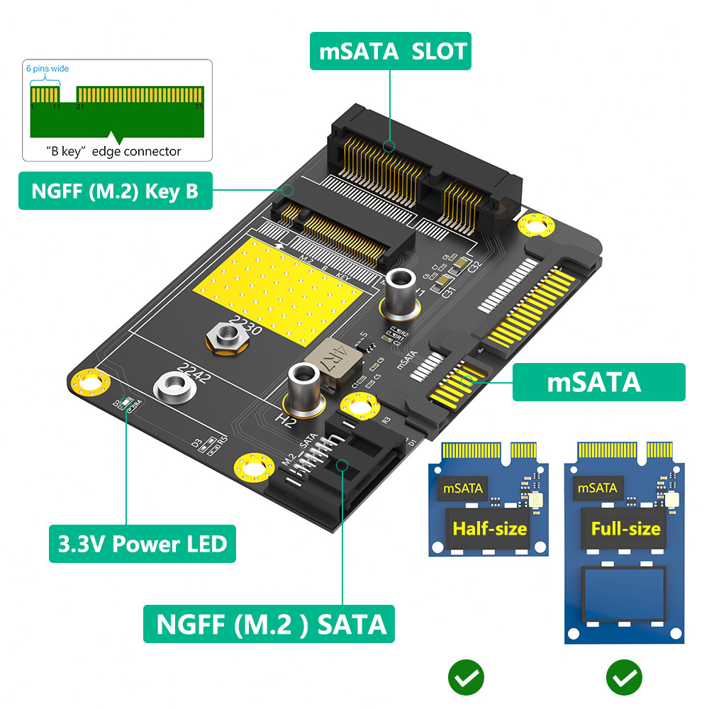 SATA 3.0 22PIN to NGFF M.2 B-Key MSATA Slot Converter Adapter Card For 2230 2242 Sata-Bus & MSATA SSD