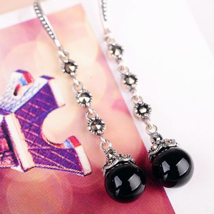Antique Thai Silver Jewelry Sterling Silver Black Onyx Marcasite Drop Dangle Earring (E12031BLACK)