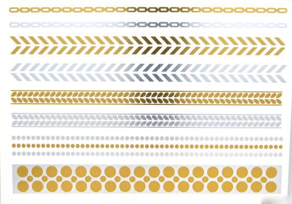 Gold and silver foil metallic temporary tattoo. Gold, rose gold, silver, black,