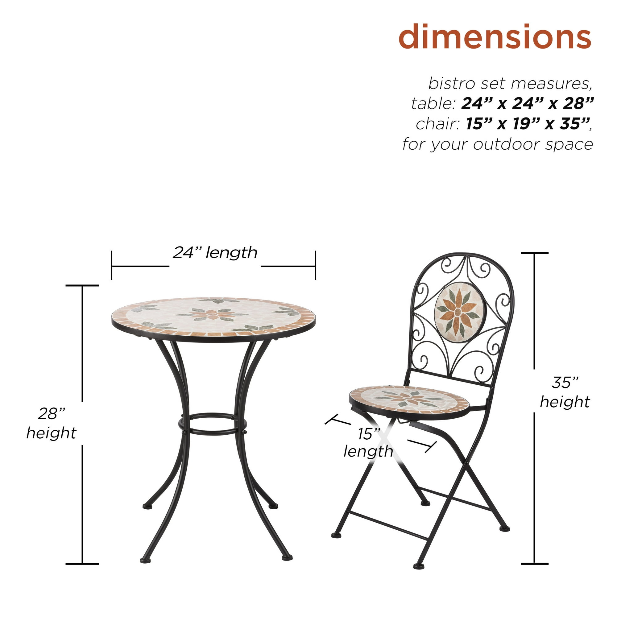 AJUNION 3 Piece Iron Mosaic Tile Patio Bistro Set with Ceramic Table and Folding Chairs