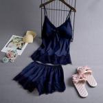 Summer Sleeveless Ice Silk Sexy Suspenders Knickers Lace Satin Pajama Set For
